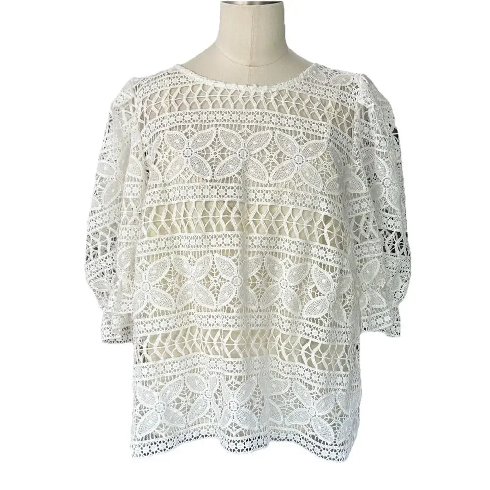Dolan Anthropologie Lace Top Women's Large Ivory Puff Sleeve Bow Back Lined